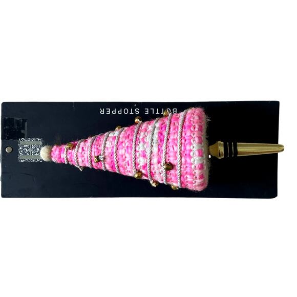 Pink Christmas Tree Bottle Stopper Embellished Holiday Glam Gold Bells New - Picture 3 of 10